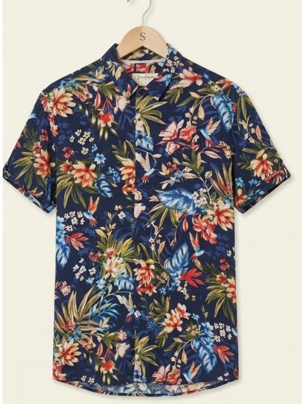 Stradivarius Man Floral Short-Sleeve Button Shirt - Navy Blue large